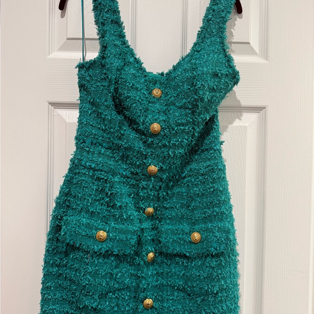 Balmain Green tweed mini dress with gold buttons and back zip